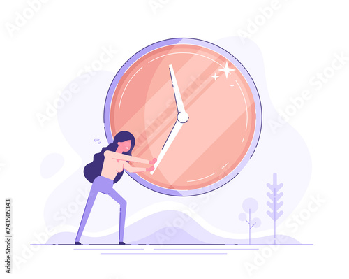 Businesswoman is trying to stop time. Deadline and time management concept. Modern flat vector illustration.