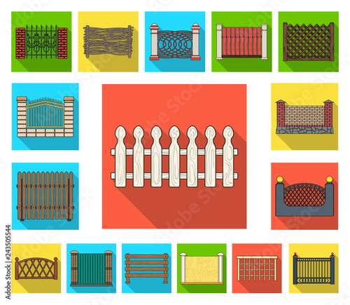 Different fence flat icons in set collection for design.Decorative fencing vector symbol stock web illustration.