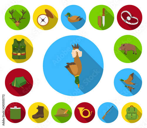 Hunting and trophy flat icons in set collection for design. Hunting and equipment vector symbol stock web illustration.