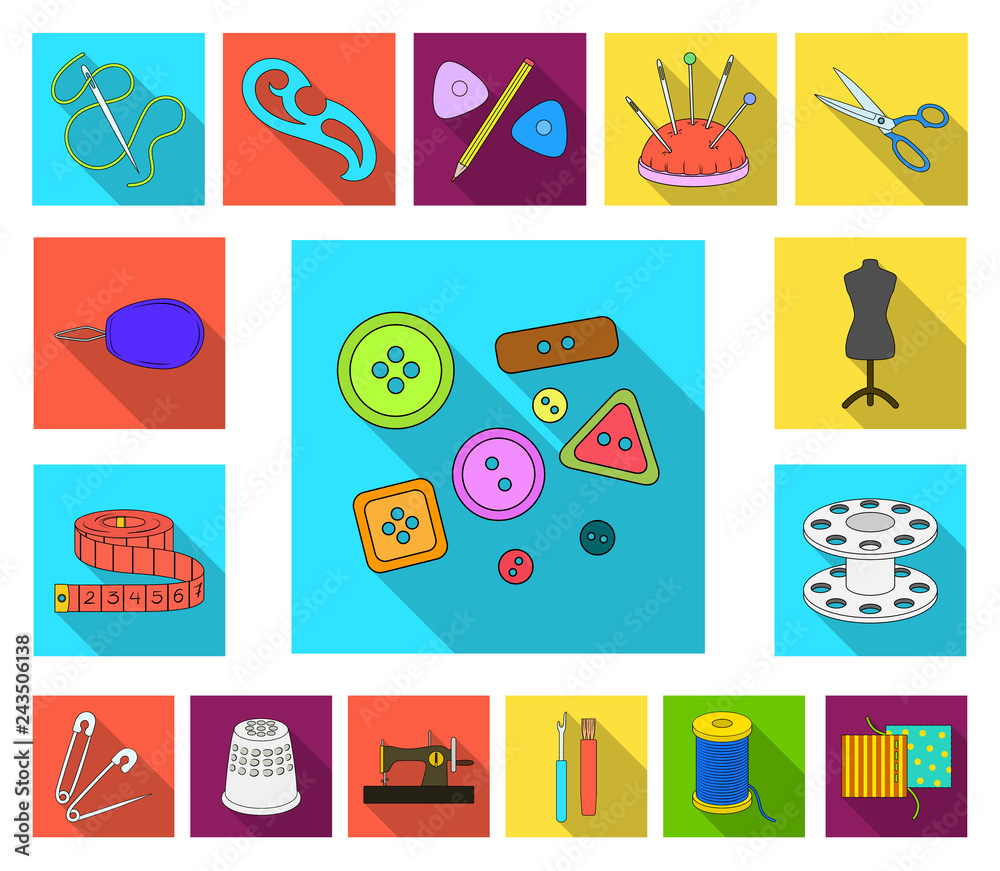 Naklejka premium Sewing, atelier flat icons in set collection for design. Tool kit vector symbol stock web illustration.