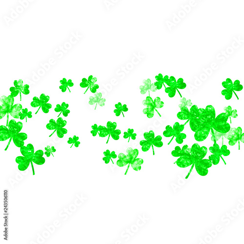 Saint patricks day background with shamrock. Lucky trefoil confetti. Glitter frame of clover leaves. Template for voucher, special business ad, banner. Greeting saint patricks day backdrop.