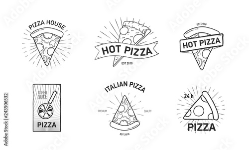 Set of monochrome logotypes with pizza slices and wheel cutter hand drawn in ...