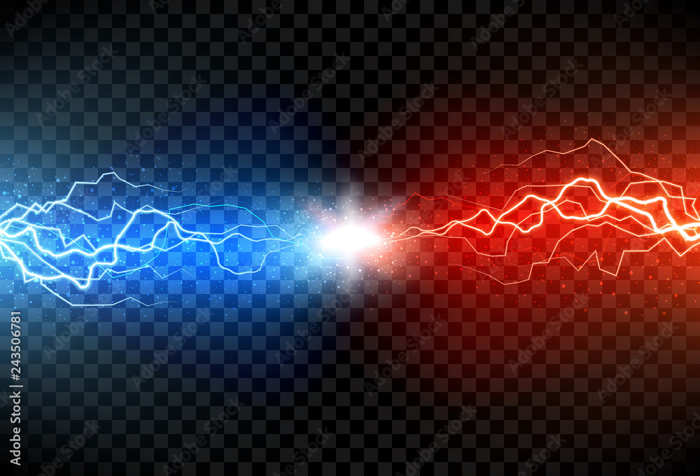 Lightning electric thunder storm light flash. Vector realistic lightning on black transparent background. Neon color energy electricity light flash or spark burst effect - obrazy, fototapety, plakaty 