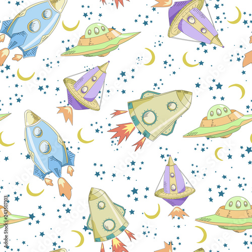 Rockets and starry sky seamless pattern. Cartoon drawn missiles. Starry journey. Children background. Watercolor. Print on paper or textile.
