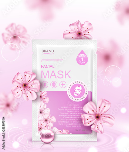 Facial sheet mask sachet package and sakura flowers. Vector realistic illustration isolated on pink background. Beauty product packaging design templates.