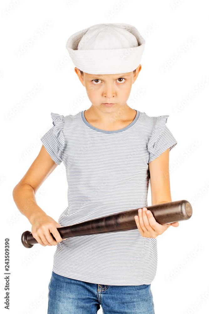 Little girl wearing a sailor costume and looking at the camera on white background. Little girl wearing a sailor costume and looking at the camera on white background.