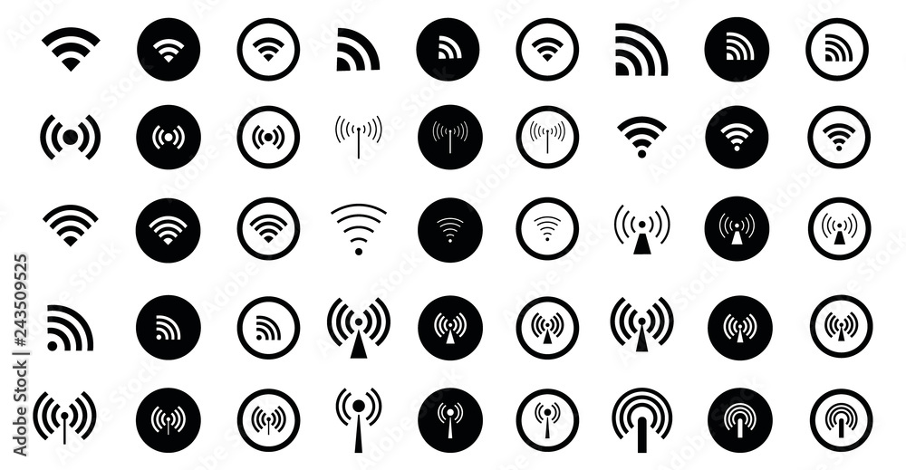 Set of 45 different Wifi icons. Vector wifi signal sign. Set of