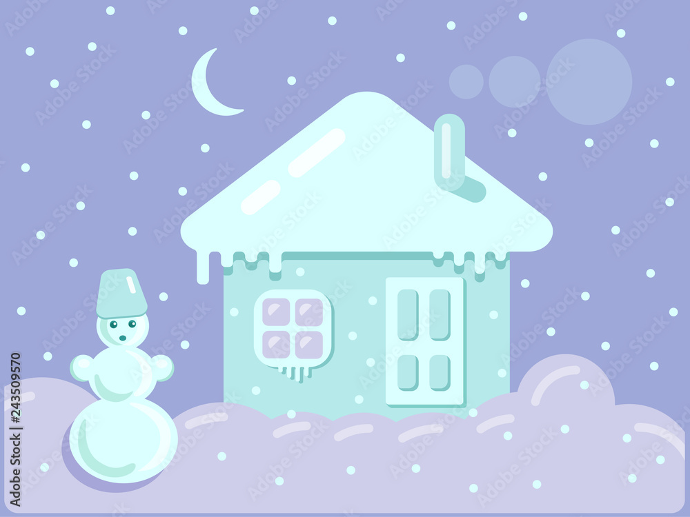 Vector Illustration card. Winter landscape. house and snowman. 