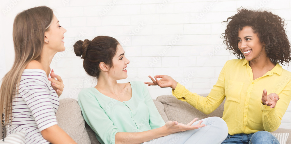 Female friends talking and gossiping at home Female friends talking and gossiping at home