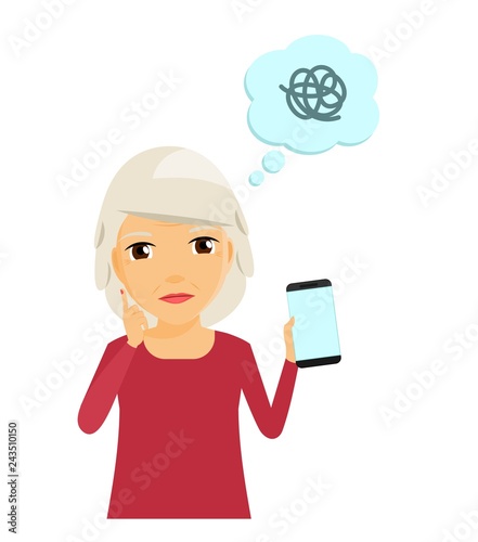 Older people. The problem of an elderly woman in using a mobile phone. In flat style on white background. Cartoon.