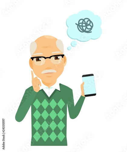 Older people. The problem of an elderly man in using a mobile phone. In flat style on white background. Cartoon.