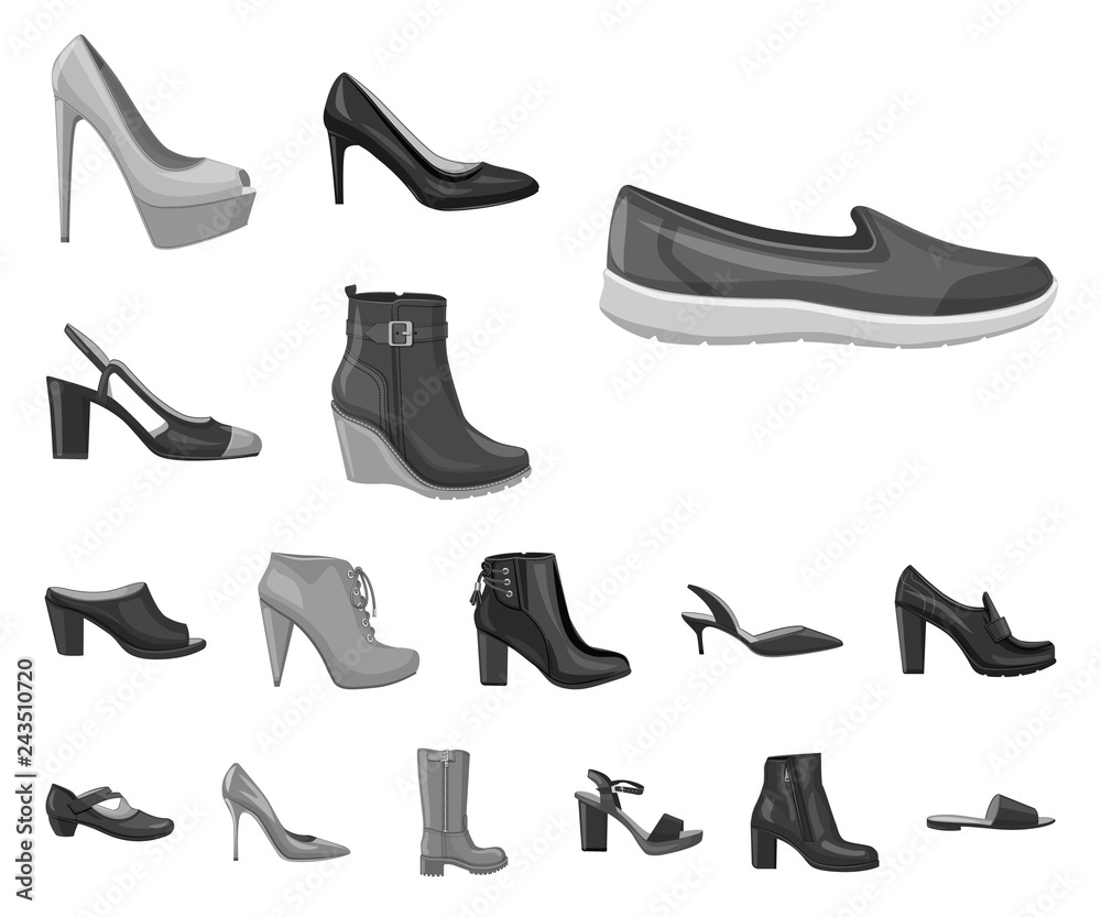 Isolated object of footwear and woman logo. Set of footwear and foot stock vector illustration. Isolated object of footwear and woman logo. Set of footwear and foot stock vector illustration.