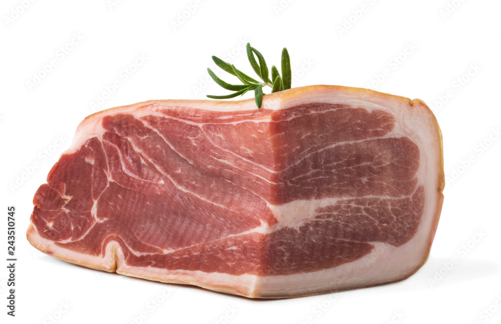 The finest prosciutto with rosemary on white background The finest prosciutto with rosemary on white background