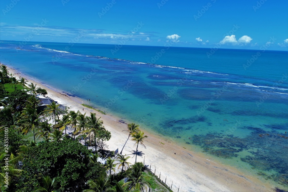 Aerial view of a paradise sea with clear water. Fantastic landscape. Great beach view. Arraia d’Ajuda, Bahia, Brazil