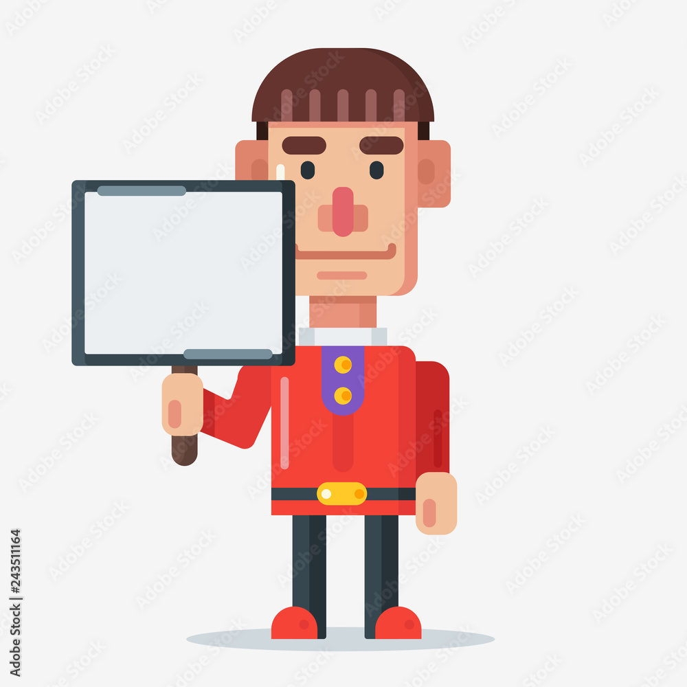 Cartoon man character with red shirt holding a whiteboard sign Cartoon man character with red shirt holding a whiteboard sign