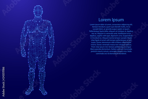 Human body from futuristic polygonal blue lines and glowing stars for banner, poster, greeting card. Vector illustration.