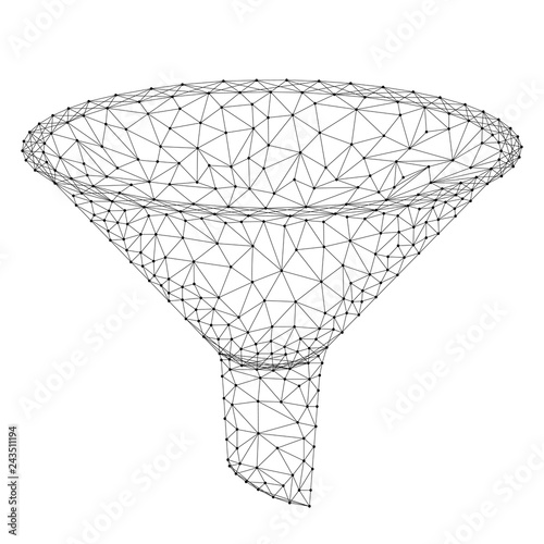 Funnel concept collecting big data issuance from abstract futuristic polygonal black lines and dots. Vector illustration.