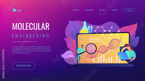 Scientists looking at DNA and charts with magnifier on laptop. Biotechnology, biological systems, bio-engineering concept on white background. Website vibrant violet landing web page template.