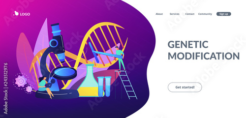 Microscope and scientists changing DNA structure. Genetic engineering, genetic modification and genetic manipulation concept on white background. Website vibrant violet landing web page template.