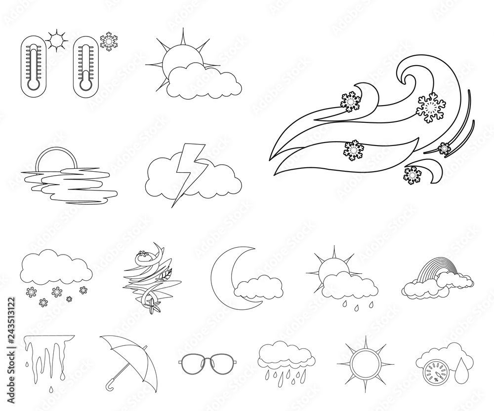 Vector illustration of weather and climate sign. Set of weather and cloud stock vector illustration.