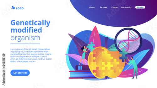 Scientists doing apple jigsaw puzzle. Genetically modified organism and engineered organism, molecular engineering concept on white background. Website vibrant violet landing web page template.