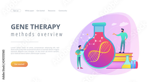 Scientists in lab working with huge DNA chain in the glass bulb. Gene therapy, gene transfer and functioning gene concept on white background. Website vibrant violet landing web page template.
