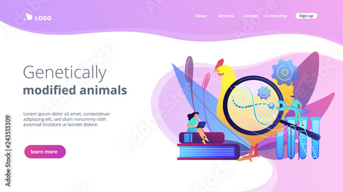 Scientists working with huge DNA of a chicken. Genetically modified animals, genetically modified animal experiments concept on white background. Website vibrant violet landing web page template.