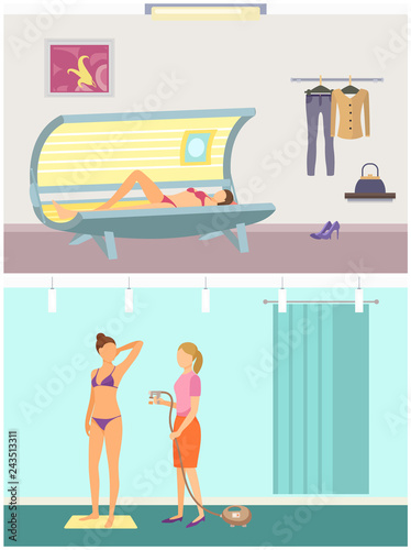 Tanning in Solarium and Spraying Method Vector