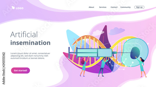 Scientists fertilize huge cell with syringe. Artificial reproduction, in vitro fertilization, artificial propagation concept on white background. Website vibrant violet landing web page template.