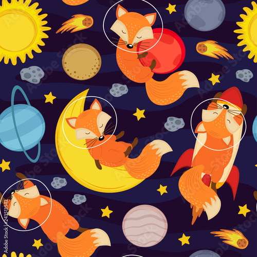 seamless pattern with cute fox in space  - vector illustration, eps