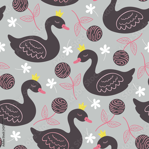 gray seamless pattern with black princess swan  - vector illustration  eps