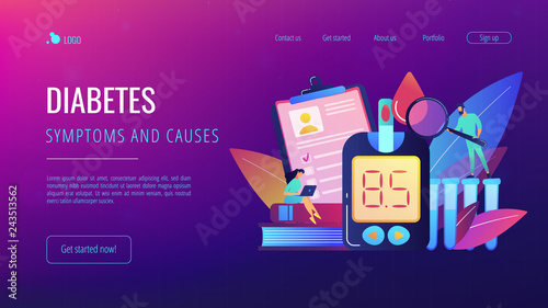Doctor with magnifier and blood glucose testing meter. Diabetes mellitus, type 2 diabetes and insulin production concept on white background. Website vibrant violet landing web page template.