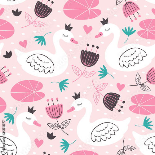 pink seamless pattern with white princess swan  - vector illustration, eps