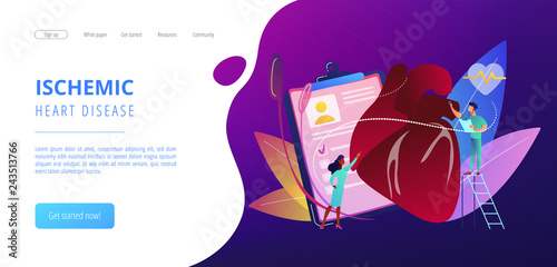 Doctor with stethoscope listening to huge heart beat. Ischemic heart disease, heart disease and coronary artery disease concept on white background. Website vibrant violet landing web page template.