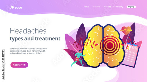 Huge brain with red circles pain epicenter and doctor running. Stroke and headache, oxygen-deprived brain and first aid concept on white background. Website vibrant violet landing web page template.