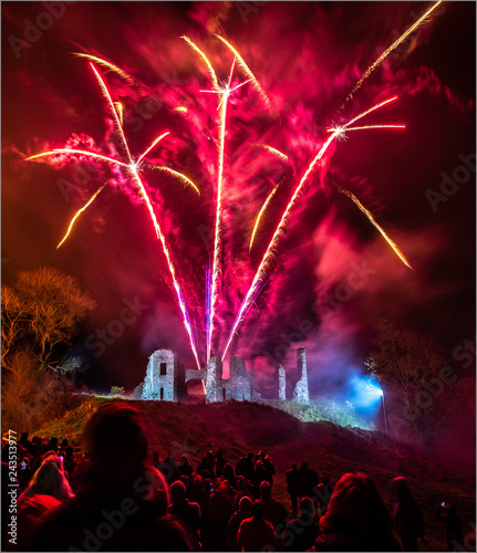 Spectacular fireworks display over a castle