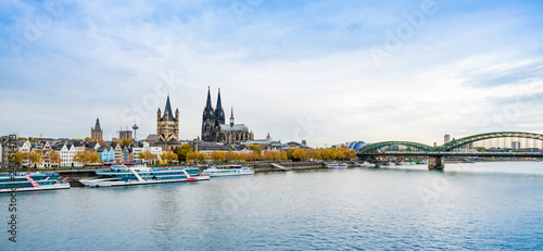Cologne over the Rhine River with cruise ship in Cologne, Germany