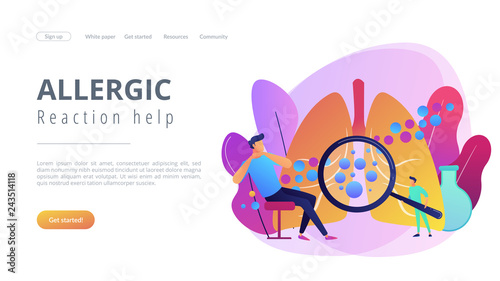 Male patient with anaphylactic symptoms and doctor with magnifier. Anaphylaxis, anaphylaxis shock treatment, allergic reaction help concept. Website vibrant violet landing web page template.