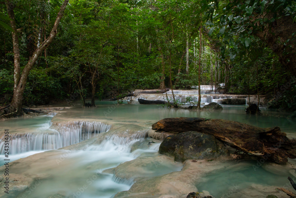 Naklejka premium Beautiful waterfall - Erawan waterfall at Erawan National Park in Kanchanaburi, Thailand.