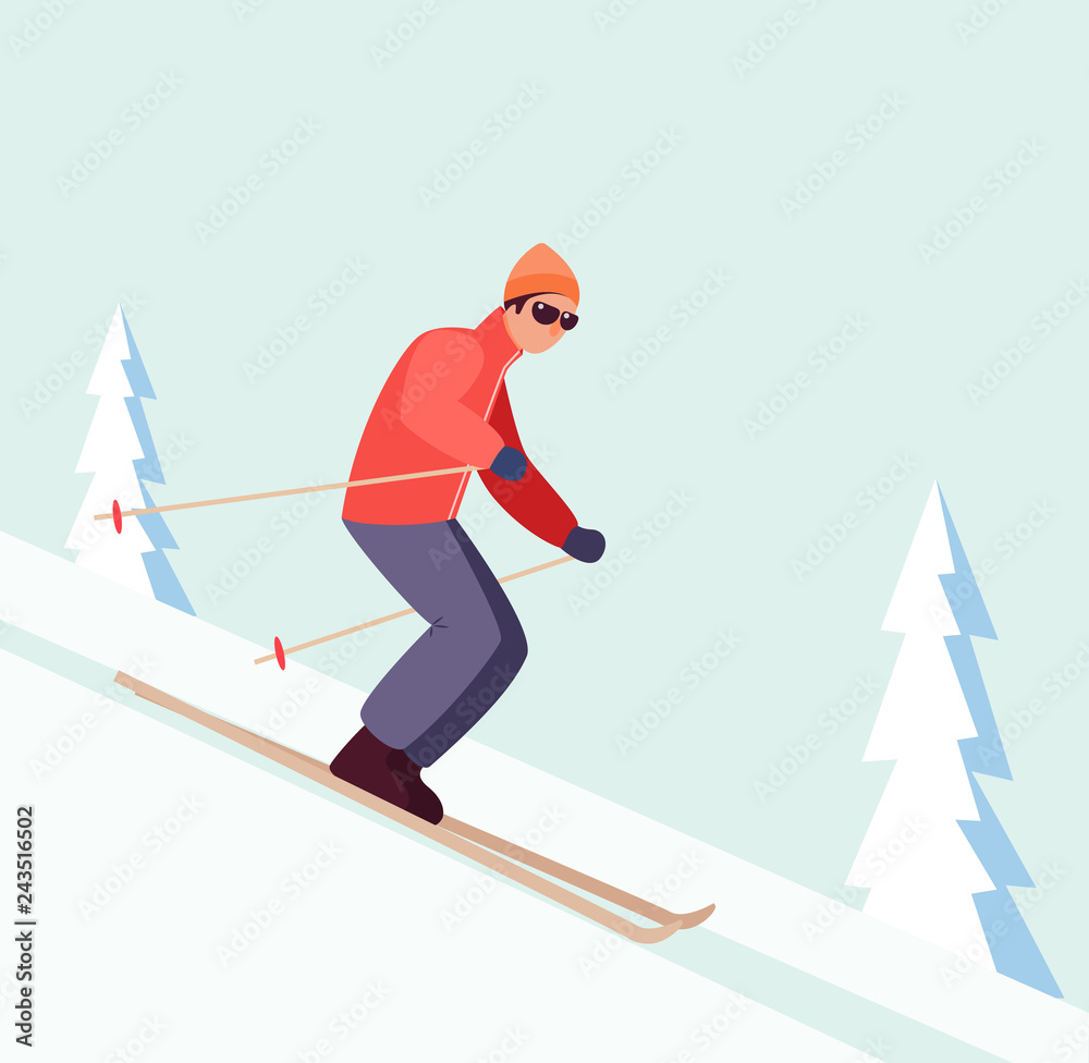 Man skiing downhill. Vector flat illustration