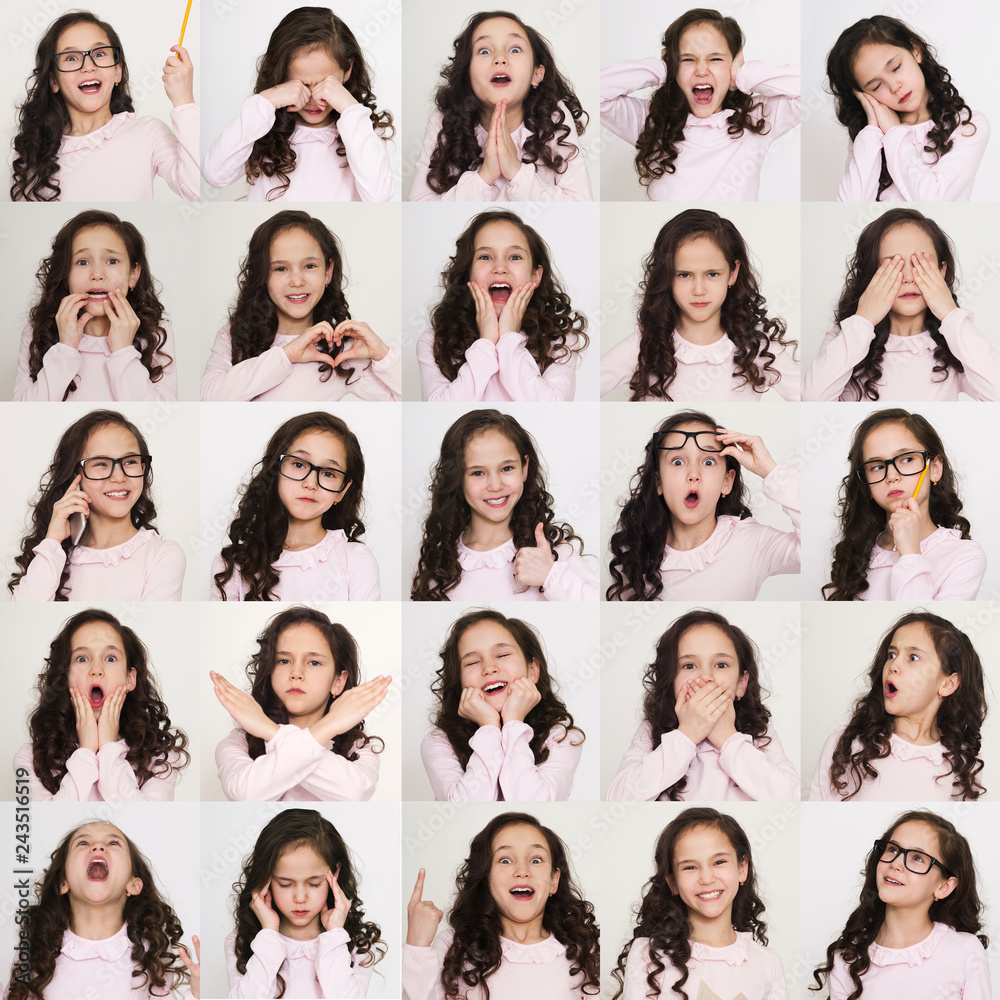 Set of different emotions of child girl - obrazy, fototapety, plakaty 