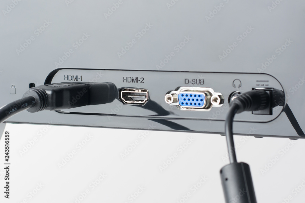 Back pannel of the monitor with different ports. HDMI and power cables are  plugged. Old VGA port is free. Choise between modern HDMI and old VGA  connection Stock Photo | Adobe Stock