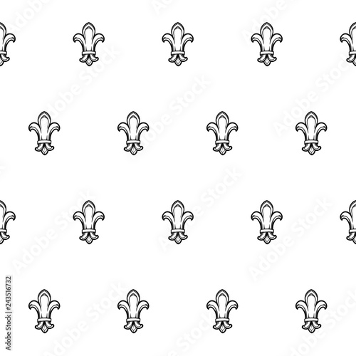 Fleur-de-lis royal french lilly flower seamless patterns. Fleur-de-lys backdrop for interior design. Imperial ornate motif tiles. White silhouettes isolated on a black background. EPS10 vector