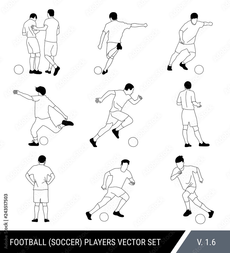 Vector black outline silhouettes of football players on white background.Graphic simplified style. Different silhouettes of football players and football referee. Football vector set. Vector black outline silhouettes of football players on white background.Graphic simplified style. Different silhouettes of football players and football referee. Football vector set.