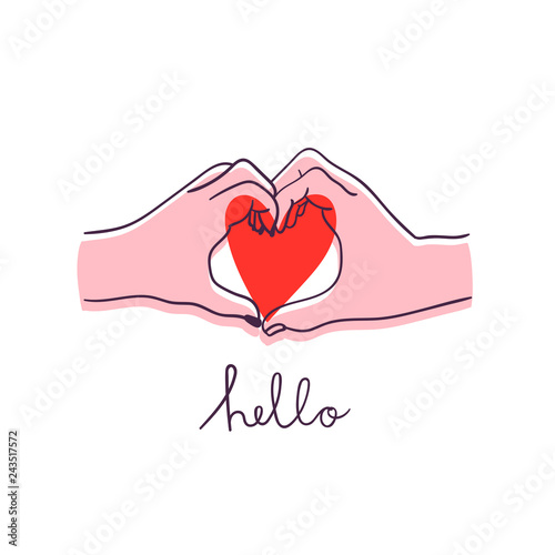 Hello. Two hands in heart shape. Saint Valentine's day colored vector illustration