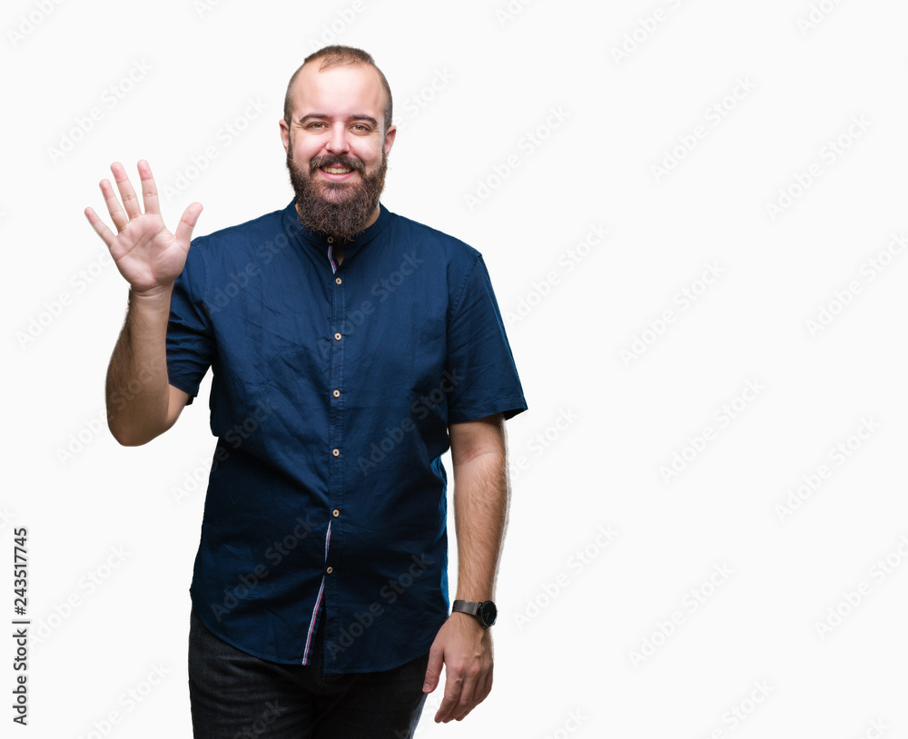Young caucasian hipster man over isolated background showing and pointing up with fingers number five while smiling confident and happy. Young caucasian hipster man over isolated background showing and pointing up with fingers number five while smiling confident and happy.