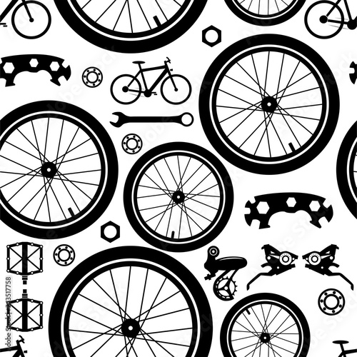 Bicycles. Wheels. Seamless pattern of bicycle parts.