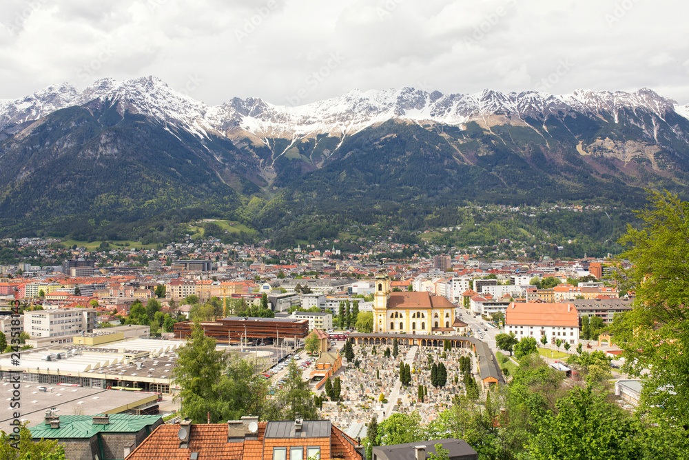 Stellar high angle panoramic view over Innsbruck and the Inntal valley. Set against the largest nature park of Austria: The Nordkette.