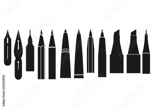 Caligraphy tools. Black icons of nibs, pens, markers and pencils. Flat vector.