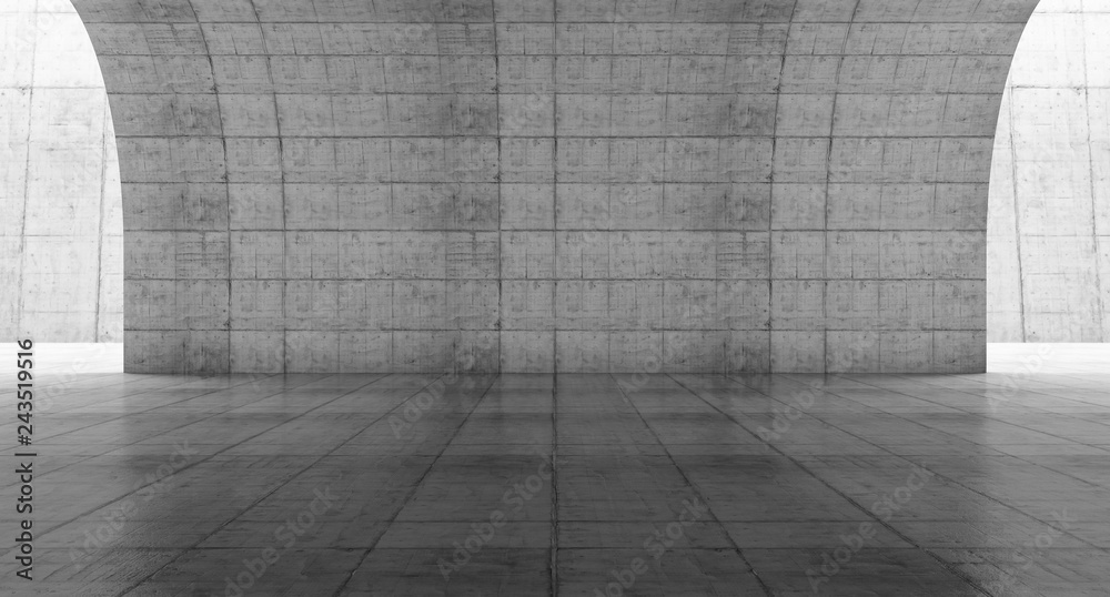 Fototapeta premium Empty concrete space with curve wall. Abstract Modern blank showroom with floor. Future concept background. 3d rendering.